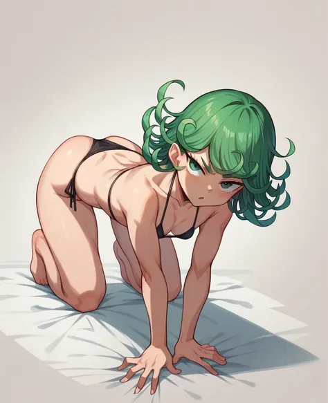 Tatsumaki in a bikini facing the camera on all fours