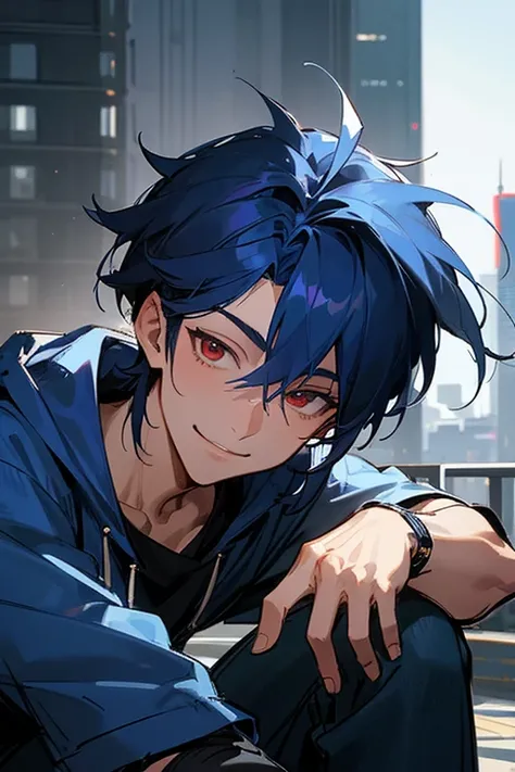 Super detailed,Haig quality,sketch,1 boy,Mature Men,Beautiful Face,(Dark blue hair,External hair:1.1),Handsome,Pearl Skin,Cyberpunk Hoodie、Indigo blue distressed jeans,Dynamic Angle,Japan anime　Red eyes,smile,Smiling face,city,20-year-old male