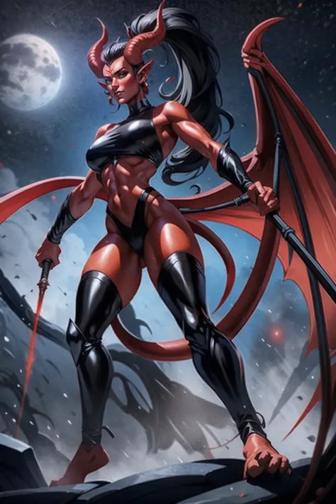 Red skin succubus tiefling, digitigrade legs, medium breasts, black horns, wings, huge tail, black leather, crop top, long flowing pelvic curtain, tall, toned, graceful, thin, long black ponytail. Action scene, whip. Dark scene, explosions, night sky.