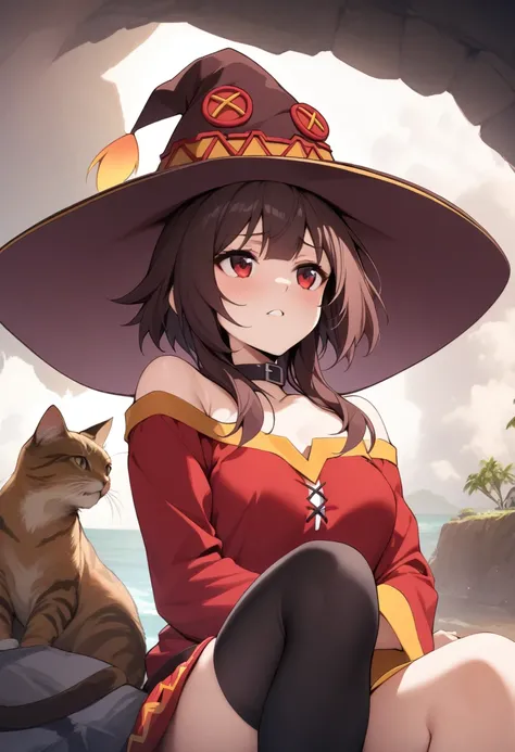 masterpiece, best quality, very aesthetic, absurdres, 1girl, mature_lady, looking at cat, big cat lying on her head,upper body,looking up,,megumin, kono_subarashii_sekai_ni_shukufuku_wo!,1girl,  brown_hair,witch_hat,black_choker,   red_dress, long_sleeves,...