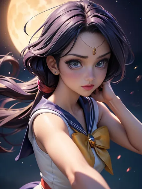 Beautiful girl dressed as Sailor Moon, Very detailed顔と目, Beautiful lip detail, long and beautiful eyelashes, sailor moon costume, Beautiful and intricate details, Fine wrinkles and texture., vibrant colors, dynamic pose, magical aura, moonlight background,...