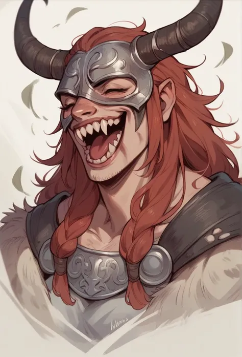 Woman wearing stoic viking mask, laughing with sharp teeth, red neck