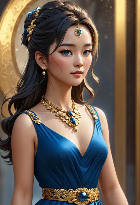 beautiful detailed woman in a blue dress with a golden belt and necklace, 3d character render, 8k, trending on cgstation, chengw...