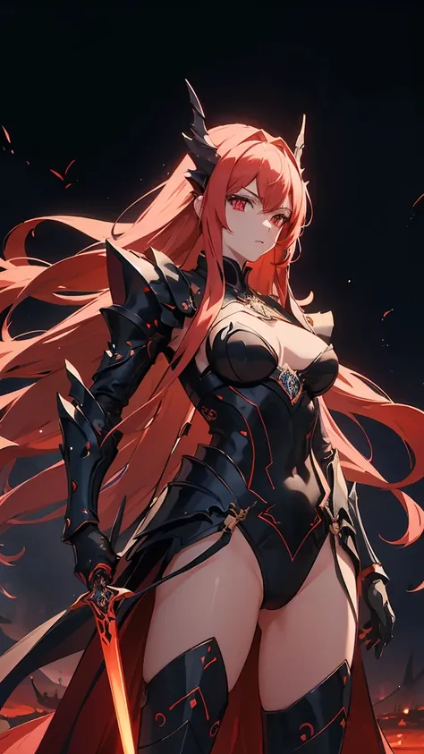 anime style illustration, (masterpiece), (best quality), (high quality), (8K), girl, (whole body), erotic armor, intricate details, Red light, 짧은 Red light 머리, tangled hair, vertical head, red eyes, expression of dominance, As she rules the world, she walk...