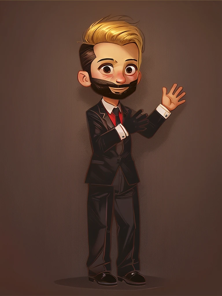 A man with a bushy beard, brunette hair but with a blonde topknot, wearing a black suit with a red tie, cartoon style - Renan Souzones 