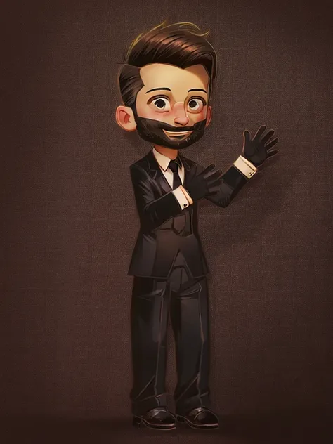 a man with a bushy beard, brunette hair but with a blonde topknot, wearing a black suit with a red tie, cartoon style - renan so...