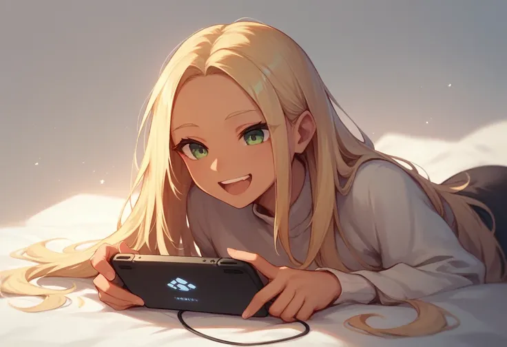 16-year-old girl, slightly tanned, 168cm tall, blonde, with long hair and bare forehead, warm green eyes, quite outgoing and very happy, playing video games. 