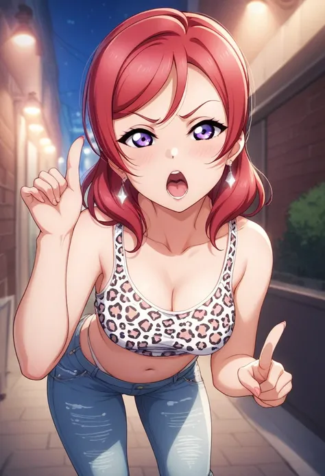 Masterpiece, love live,sexy, breasts,8k wallpaper, looking at viewer, nishikino maki, low waisted jeans pants, white underwear, leopard printed tank top, earrings,in street , leopard panties straps, earrings, purple eyes, standing ,red hair , night , leani...