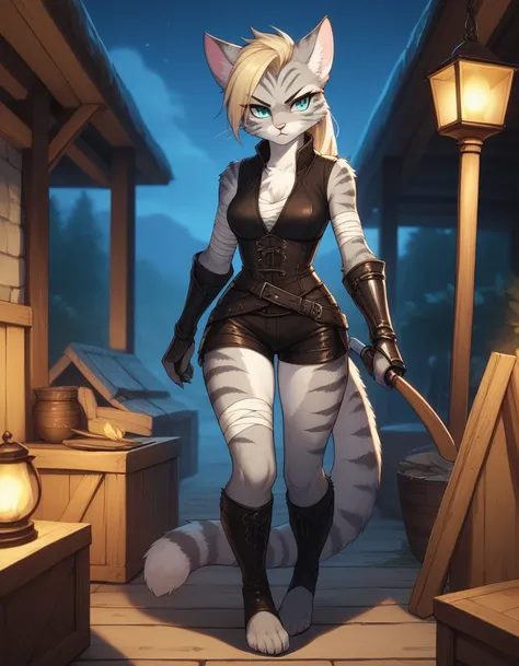 score_9,score_8_up,score_7_up, kemono style, Kat, Anthro furry feline, silver fur, grey stripes on body, blue eyes, long blonde hair, undercut hair, pink nose, :3, wearing black medieval vest, black short shorts, black leather gauntlets, plantigrade feet, ...