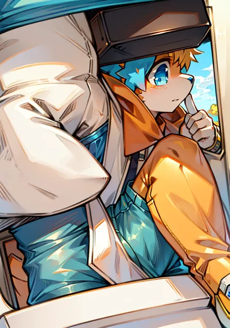 A human cat, light orange and white coat, syrup filled with smooth feathers, clear blue eyes, usando cropped yk2 azul, light blue cargo pants.