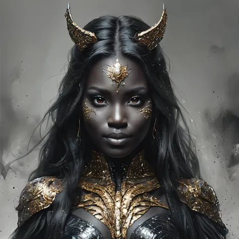 portrait, a battle angel portrait, beautiful black skin with sparkles and glitter, long long hair, shiny and lightening eyes det...