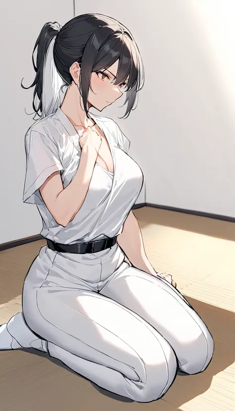 Slender female karateka　Mature Woman　((seiza))　Open chest　Karate Dojo　Black Hair　ponytail　((White inner shirt))　clavicle　Black belt　sit　White pants,Loose, plain white clothing,　Loose white short-sleeved karate uniform　Décolletage