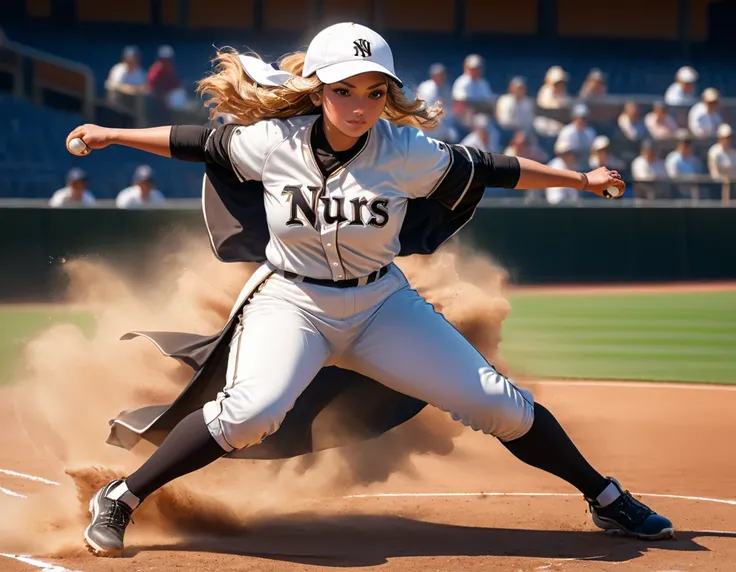 Arafed a sports capture picture of a nun playing baseball, an exquisite beautiful nun, full body, middle aged woman, curvy woman,  dynamic hair, dynamic style,  ultra detailed face, concentrated look, determined look, best detailed face, wearing ((nun clot...