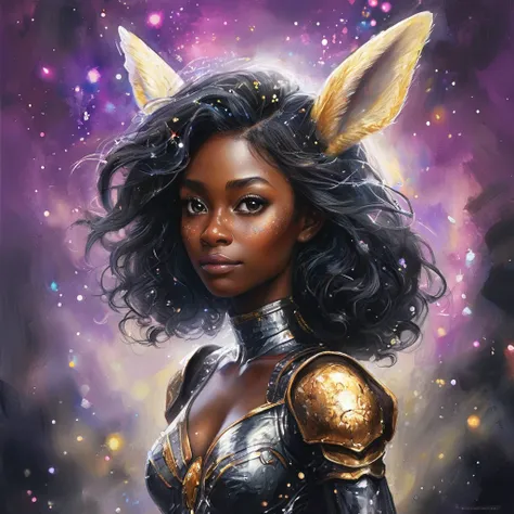 a battle angel portrait, beautiful black skin with sparkles and glitter, long long hair, shiny and lightening eyes detailed skin...