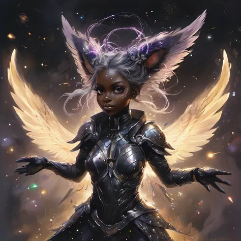 a battle angel portrait, beautiful black skin with sparkles and glitter, long long hair, shiny and lightening eyes detailed skin...