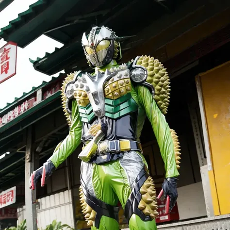 Kamen rider. Street bikes outfit. Kamen rider concept . ((Holding a durian)) At Chinese market . Sell a bunch lot of durian fruit.. kamen rider sell a durian. Open stall durian. Sell a durian fruit.