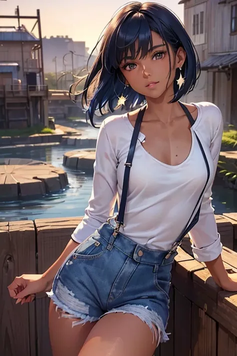 #Basics A girl is posing for a photo, animeのかわいい女の子, (((One Girl, Baby Face, Young girl, 16 years old))), 
BREAK 

#Clothing Accessories 
(Blue denim overalls + He has his sleeves rolled up in his long-sleeved shirt. + Tight fitting through the waist + The...