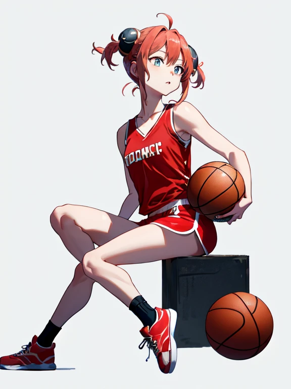 masterpiece, best quality, highres, kgr1, double bun, bun cover, small breasts, basketball player, sportswear, red tank top, red...