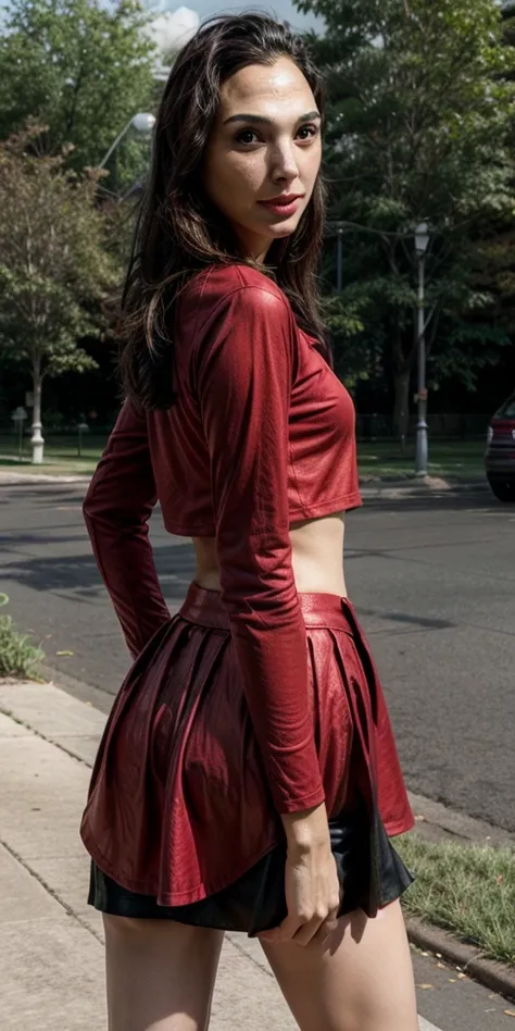 gal gadot, at the park, red shirt, green skirt