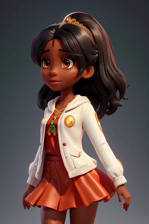 a beautiful girl with black hair, brown dark skin, wearing a white tiara with shiny eyes, a see-through coat, green blouse, red skirt, and red sneakers, detailed face, photorealistic, high resolution, masterpiece, studio lighting, vivid colors