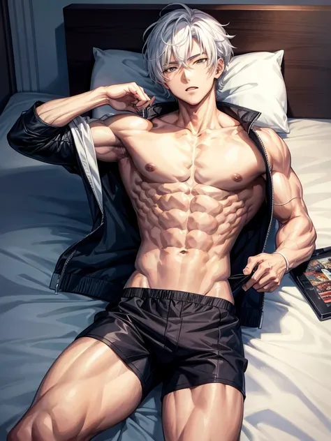 Anime guy about 16 without outerwear. Muscular with 6-pack abs and back. With white hair. Lying on the bed. 