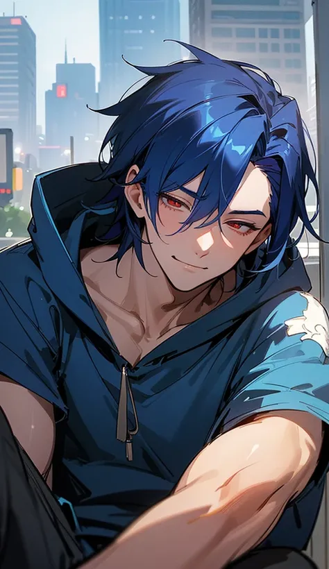 Super detailed,Haig quality,sketch,1 boy,Mature Men,Beautiful Face,(Dark blue hair,External hair:1.1),Handsome,Pearl Skin,Cyberpunk Hoodie、Indigo blue distressed jeans,Dynamic Angle,Japan anime　Red eyes,smile、Sleepy expression,city,20-year-old male