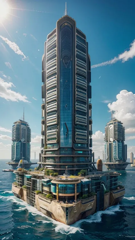 The Big Ship, floating in the ocean, with many different buildings, solarpunk village, SolarPunk Architecture, sunny punk city, futuristic utopia in solar punk, inspired by Stéphane Martiniere, inspired by Stéphane Martiniere, Colorful sci-fi steampunk, So...