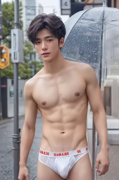 Photorealsitic, 8K full body portrait, a handsome, 18-year-old man, A charming expression, detailed face details, topless, sexy, Brief underwear, TOKYOcty, wed body, rain, the street