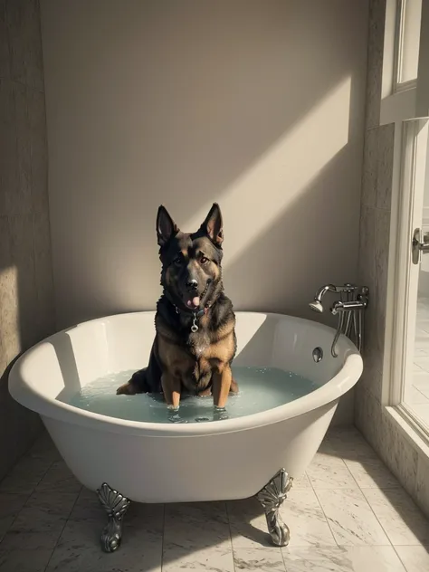 German Shepherd in a bathroom, bathes in bathtub, playful (best quality,4K,8K,highres,​masterpiece:1.2),Ultra-detail,(realisti,photorealisti,photo-realisti:1.37),  Film compositions,depth of field,Professional 3D rendering