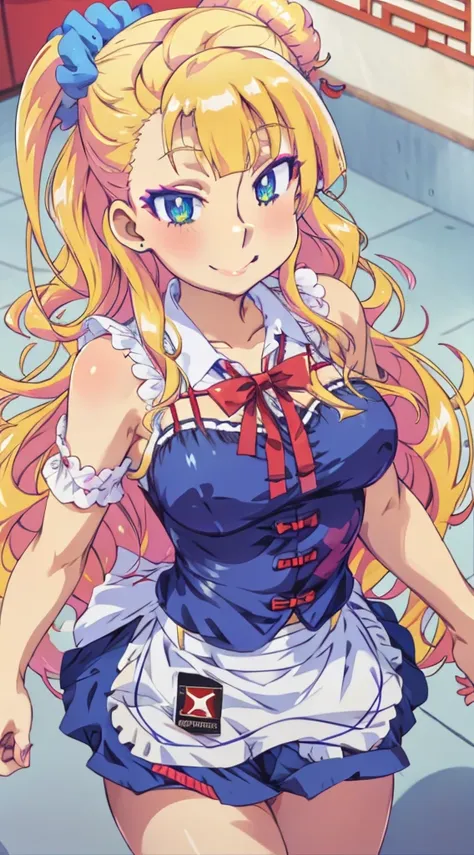 1 girl, galko,galko,big breasts,smile,makeup,maid clothes,both shoulders_exposed,clavicle,mini skirt,natural lip,skin luster,loo...