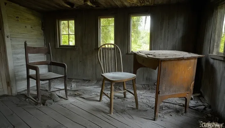 create an old cabin, abandonned, where the furniture is old, deteriorated by time and a small golden key on the floor