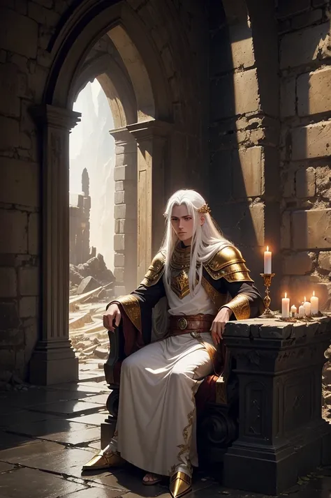 naughty man, twenty years old, long  white hair, battle armor, gold eyes, sitting on a stone throne, interior of a ruined castle, white noble costume with gold details, serious look, red carpet in rags, lava running down the wall, at night, candles on the ...