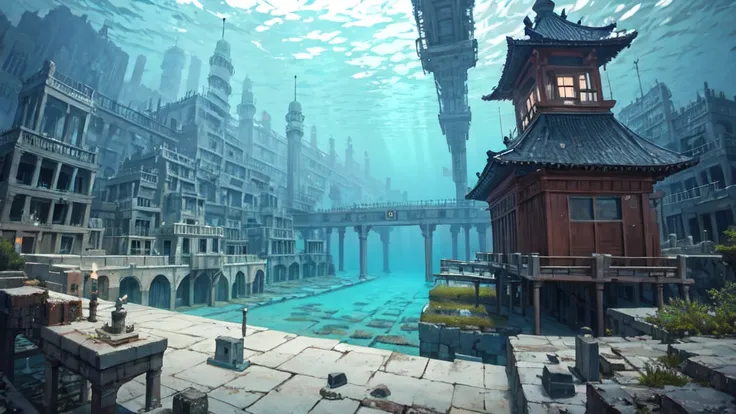 Underwater city, nostalgic, sunken city, background only, underwater temple, water city