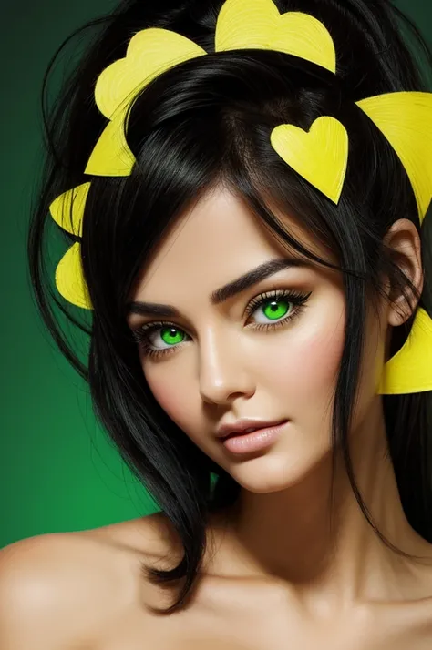 Draw a woman with black hair and yellow highlights with a heart-shaped face and very large green eyes. 