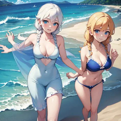 Anna and Elsa with tranparent swimsuit at the beach 