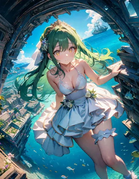 (8K, best quality, master piece: 1.2),super high resolution,1 girl,18yo,solo,ultra-detailed face,deep detailed eyes,yellow eyes,透ける服,(wedding dress,bikini:1.2),Bridal garter,green hair,green hair, long hair,(Breaststroke), clear ocean, sunken ship,Wide Ang...