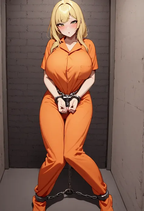 mugshot, view the viewer, huge breast, prisoner, prison girl, jailed, prisoned, orange jumpsuit, handcuffed, restrained, shackle...