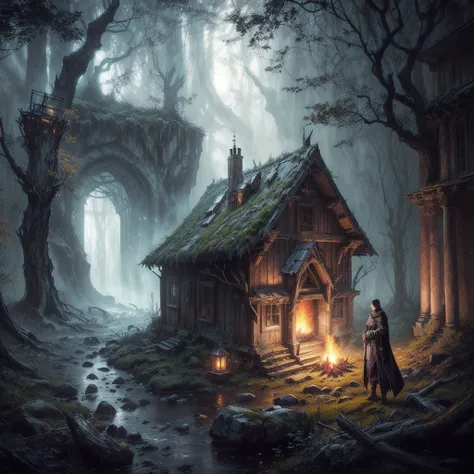 arafed house in a forest with a fire in the middle, photorealistic dark concept art, atmospheric fantasy setting, dark fantasy atmosphere, moody misty fantasy art, dark fantasy setting, medieval fantasy art, mystical scene, medieval dark fantasy, fantasy a...