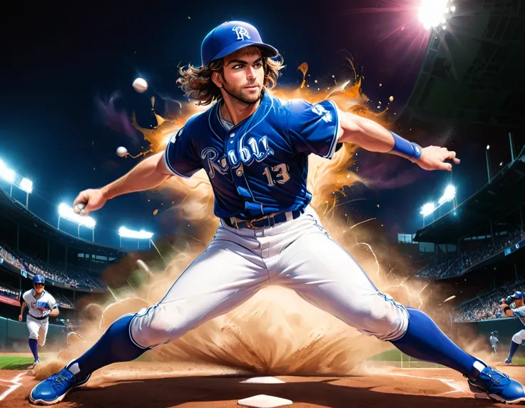 Arafed a sports capture picture of a Rabbi playing baseball, an exquisite beautiful Rabbi, full body, middle aged man, wearing a Kippa, and Talith, dynamic hair, dynamic style, ultra detailed face, concentrated look, determined look, best detailed face, we...