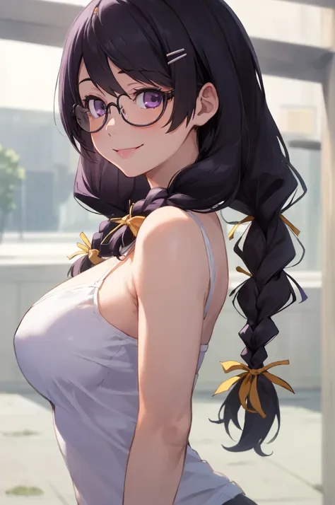 (best quality, masterpiece, RAW photo,ultra-detailed:1.2), 1girl,solo,looking at viewer,smile hanekawa tsubasa, long hair, black hair, hair ornament, (purple eyes:1.1), braid, hairclip, twin braids, glasses, very large breasts, from side