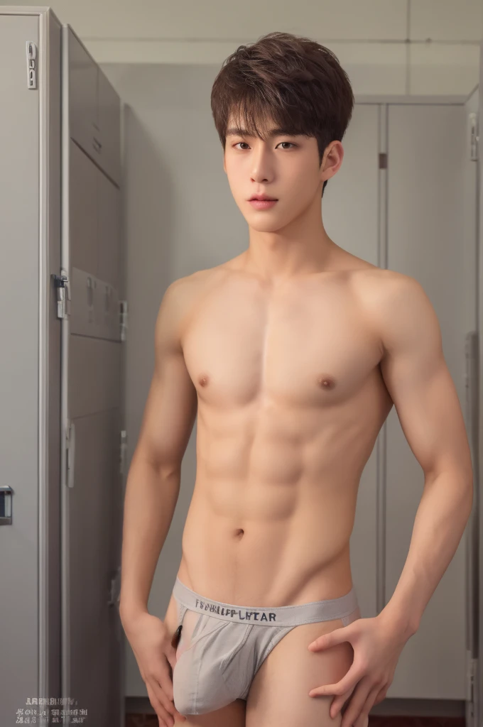 Photorealsitic, 8K full body portrait, a handsome, 18-year-old man, A charming expression, detailed face details, topless, sexy, Brief underwear, TOKYOcty, Winters, taking off pants pose, locker room