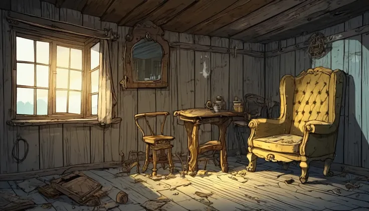 create an old cabin, abandonned, where the furniture is old, deteriorated by time and a small golden key on the living room floor, style cartoon