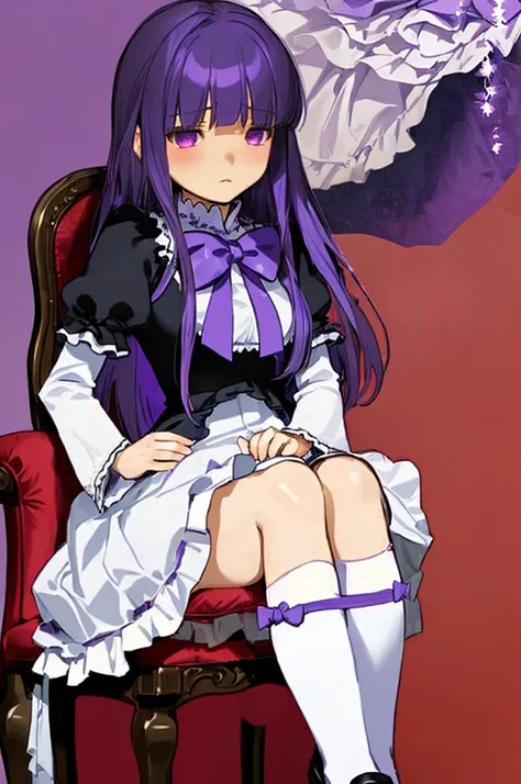 masterpiece, best quality, ultra-detailed,  frederica bernkastel, purple eyes, purple hair, long hair,purple bow, dress, frills, white kneehighs,  kneehighs bow,  empty eyes, expressionless, sitting on chair,