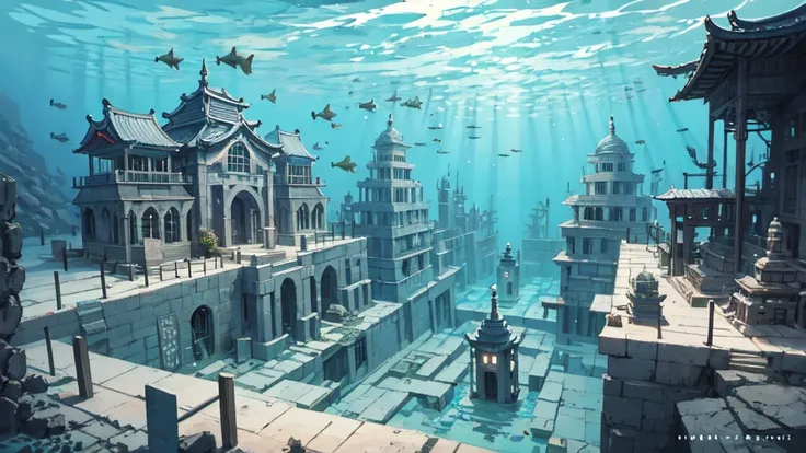 underwater city, nostalgic, sunken city, background only, underwater temple, water city, illustration, fantastic illustration