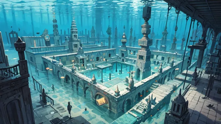 Underwater city, nostalgic, sunken city, background only, underwater temple, water city, illustration, fantastic illustration