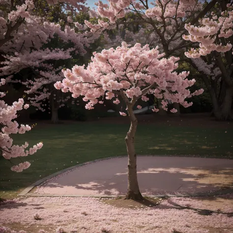 A cherry blossom tree, pink petals falling, (best quality, 4k, 8k, highres, masterpiece:1.2), ultra-detailed, cartoon style, highly detailed, studio lighting