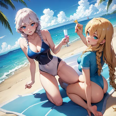 Anna and Elsa with tranparent and tight swimsuit at the beach ,spreading legs