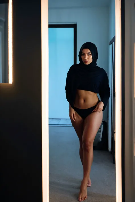 RAW photo,dark,moody,hazy atmosphere,35mm focal lenght,underexposed,cold,candid photograph,artistic,full body,photo of a beautiful,influencer,30yo Kurdish woman,hijab,detailed skin,fully naked,looking at viewer, mom bod,candid pose,dim room,blue light, fil...