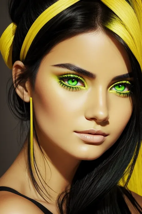 Draw a woman with black hair with yellow highlights and very large green eyes. 