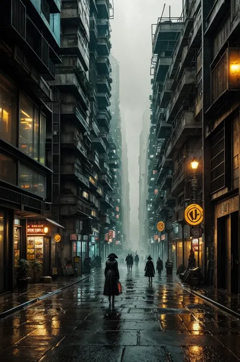 I would like an impoverished, highly condensed and congested cyberpunk hive city, filled with pollution and rain as the predominant image, with a woman standing in the street staring off into its labyrinth depths. Gothic, horror, hive city